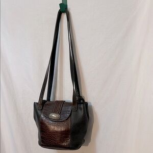 Vintage Brighton Bucket Black Leather Brown Lizard Embossed Shoulder Bag